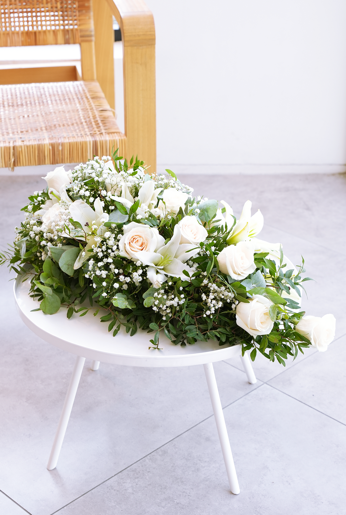 White Roses and White Lily Funeral Spray