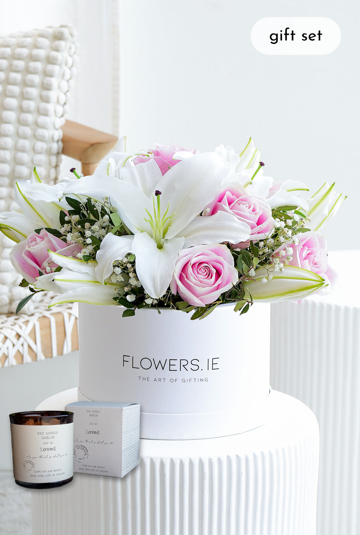 Pink Roses and White Lily - Hatbox