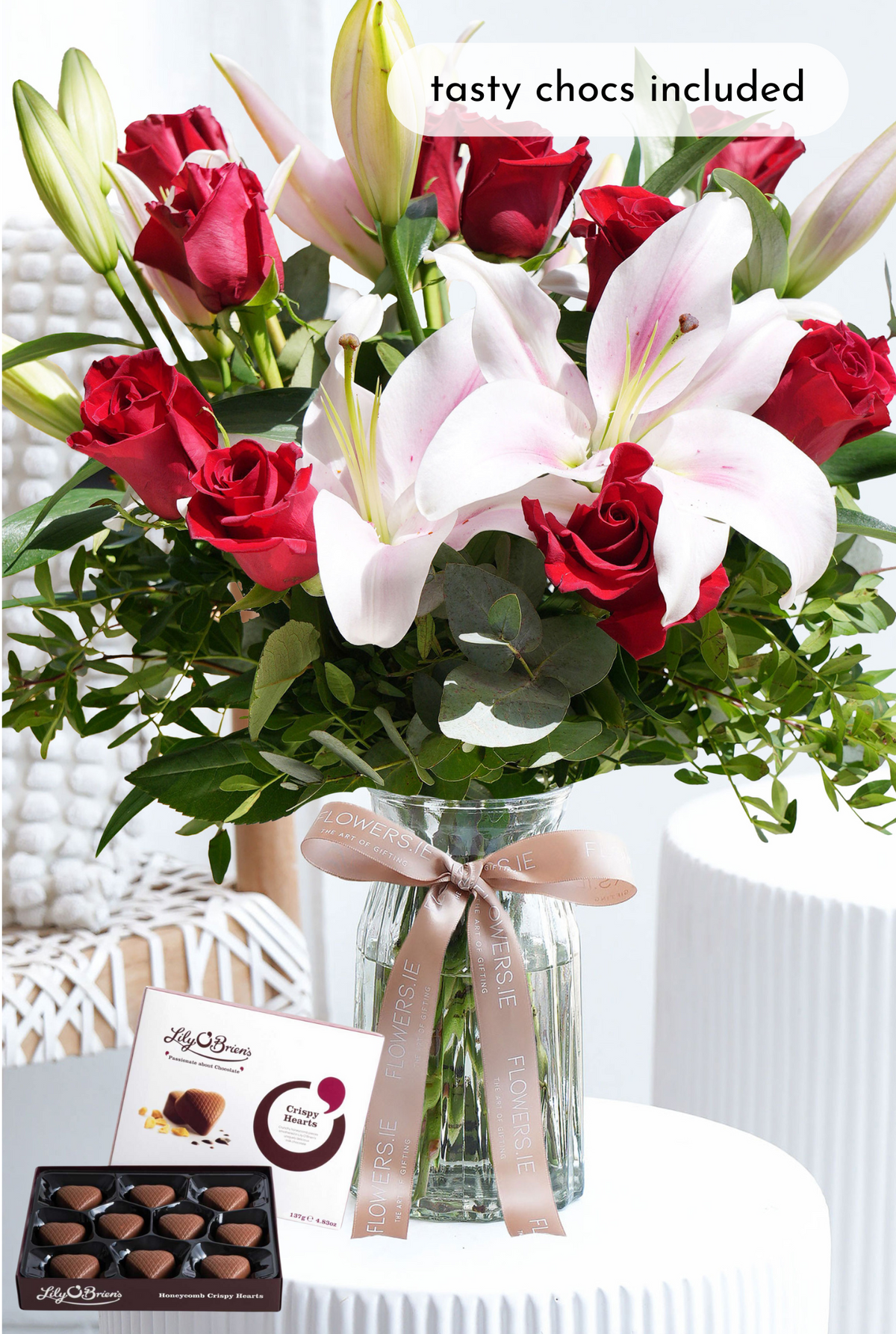 Valentine Romantic Red Roses and Pink Lily - Vase