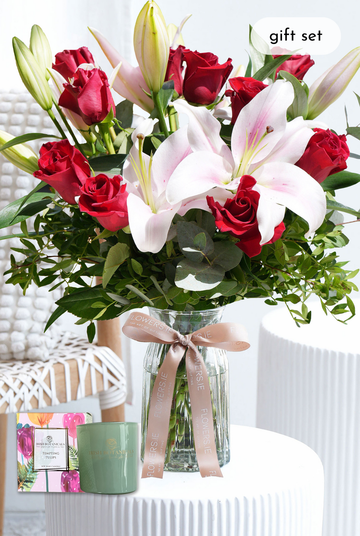 Birthday Red Roses and Pink Lily - Vase