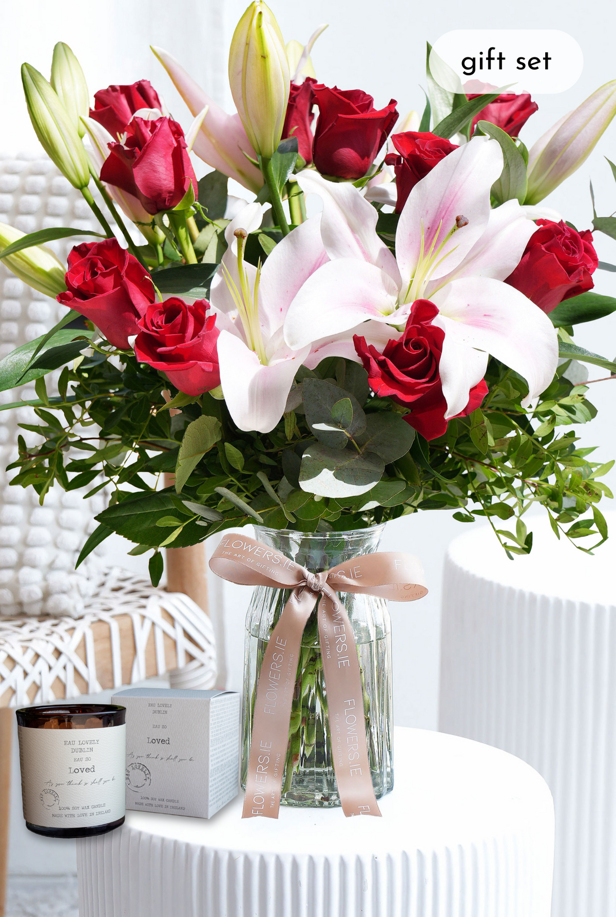 Birthday Red Roses and Pink Lily - Vase