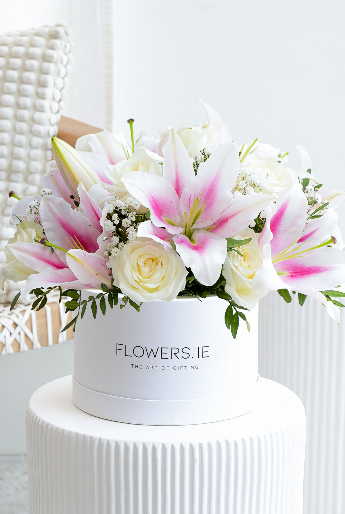 Sympathy White Roses and Pink Lily Hatbox