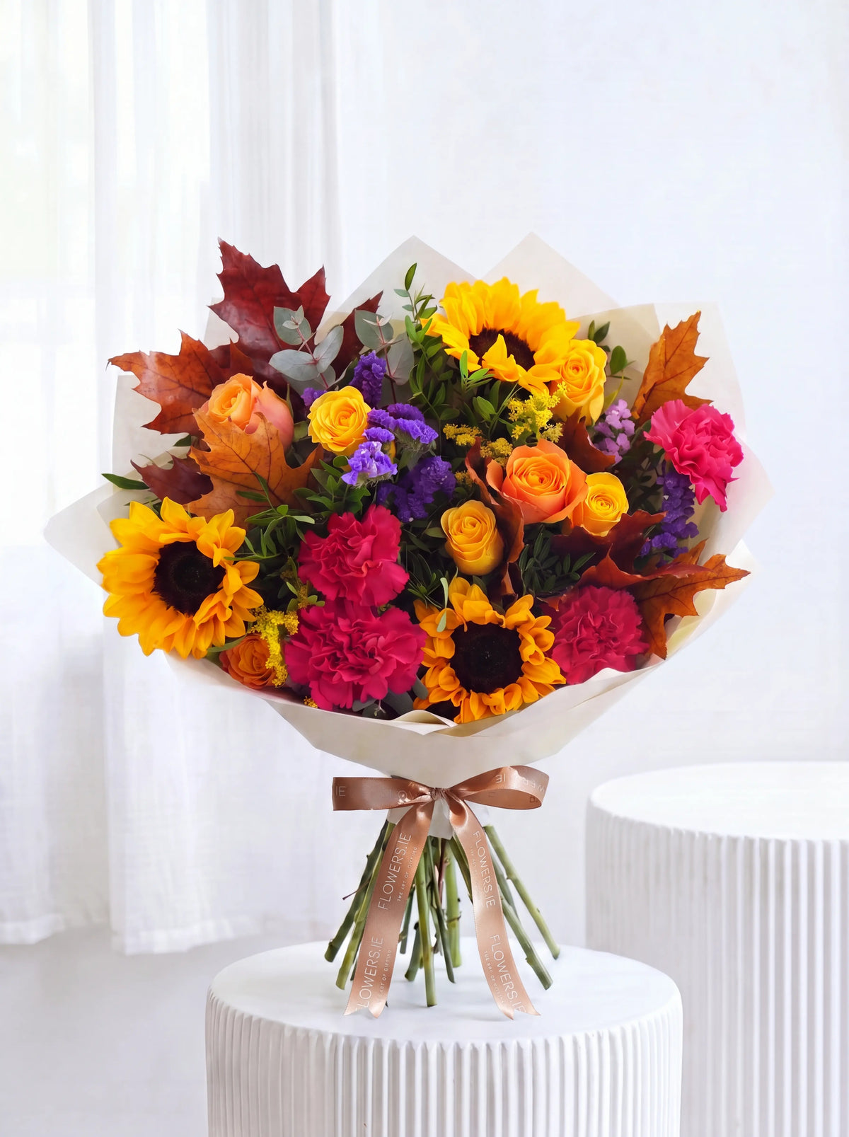 Autumn Vibrant hand-tied bouquet of sunflowers, orange roses and rich autumn foliage, Flowers.ie