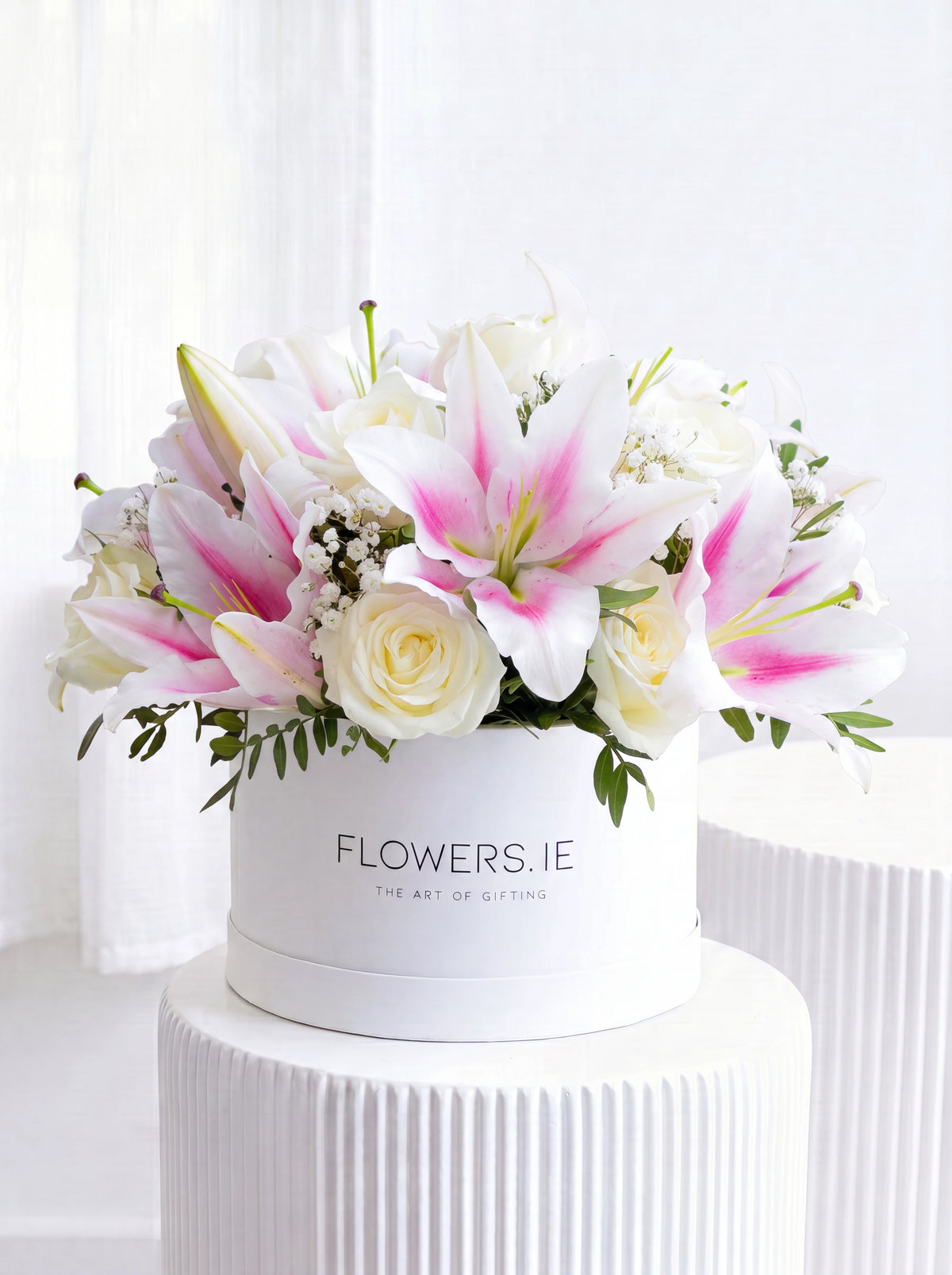 Sympathy White Roses and Pink Lily Hatbox