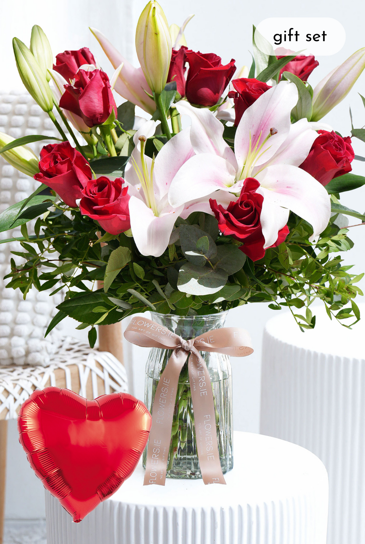 Valentine Romantic Red Roses and Pink Lily - Vase