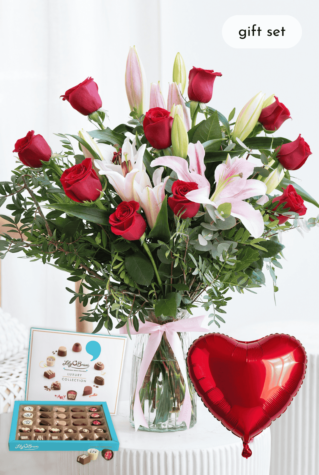 Valentine Romantic Red Roses and Pink Lily - Vase