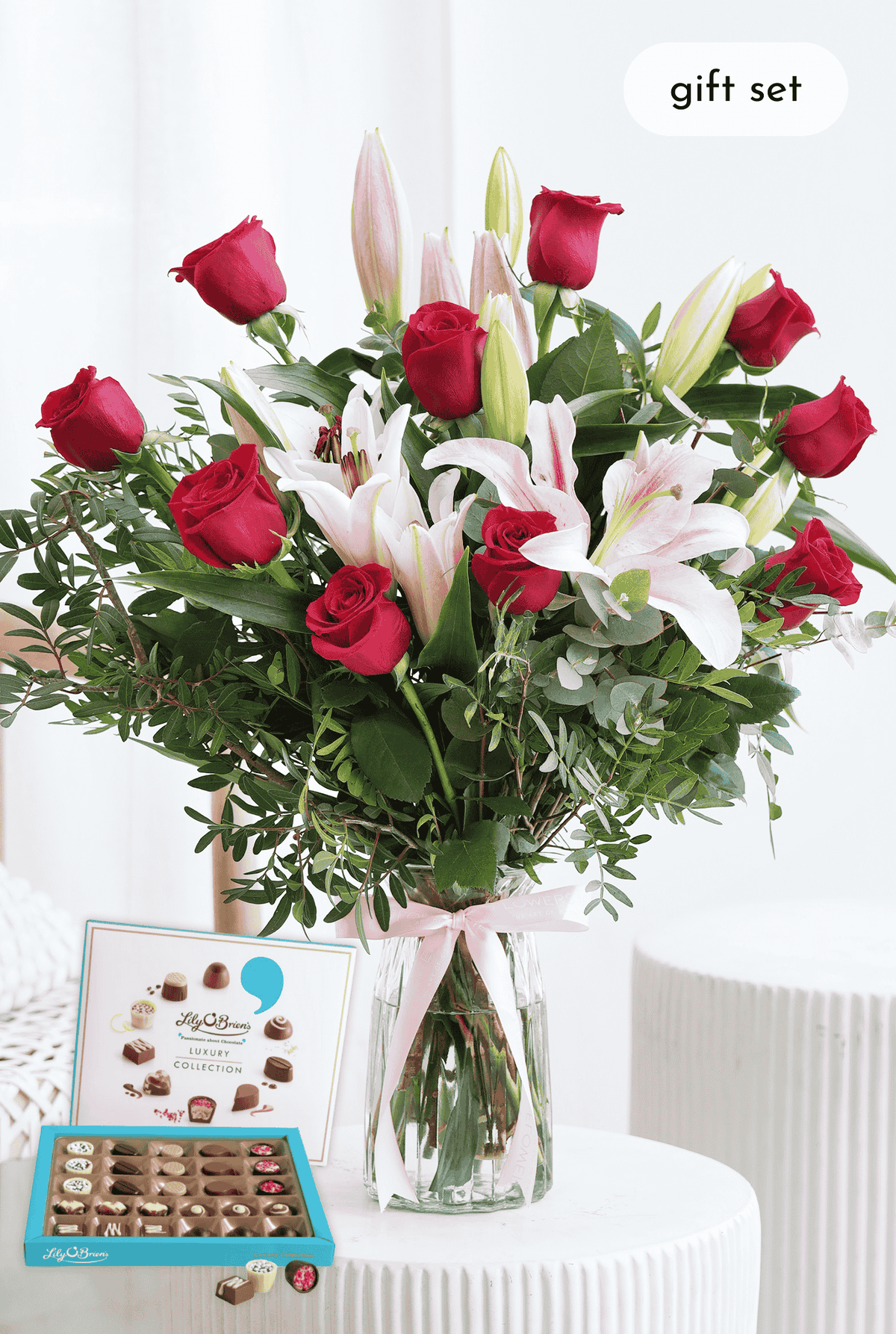 Women's Day Red Roses and Pink Lily - Vase