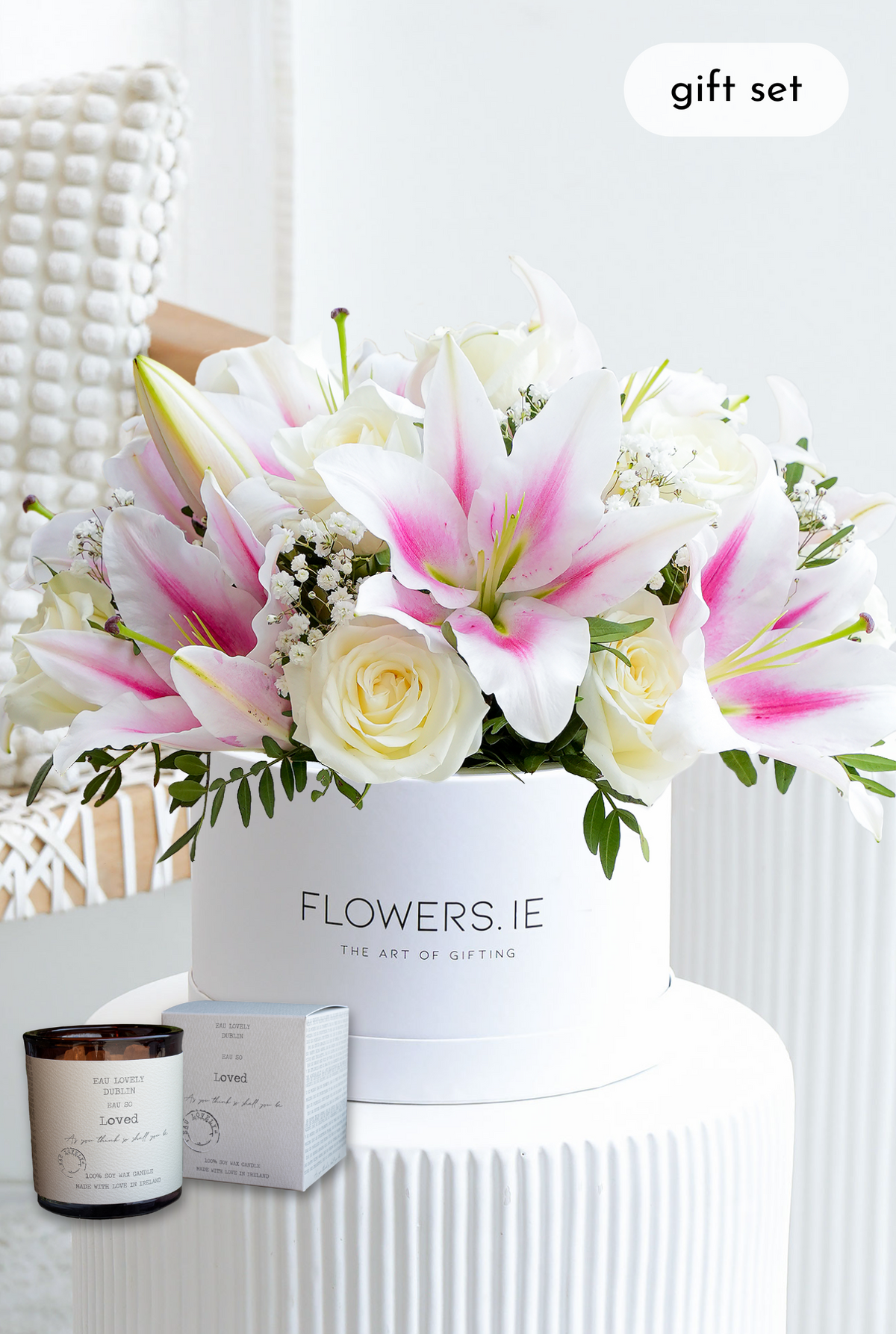 Sympathy White Roses and Pink Lily Hatbox