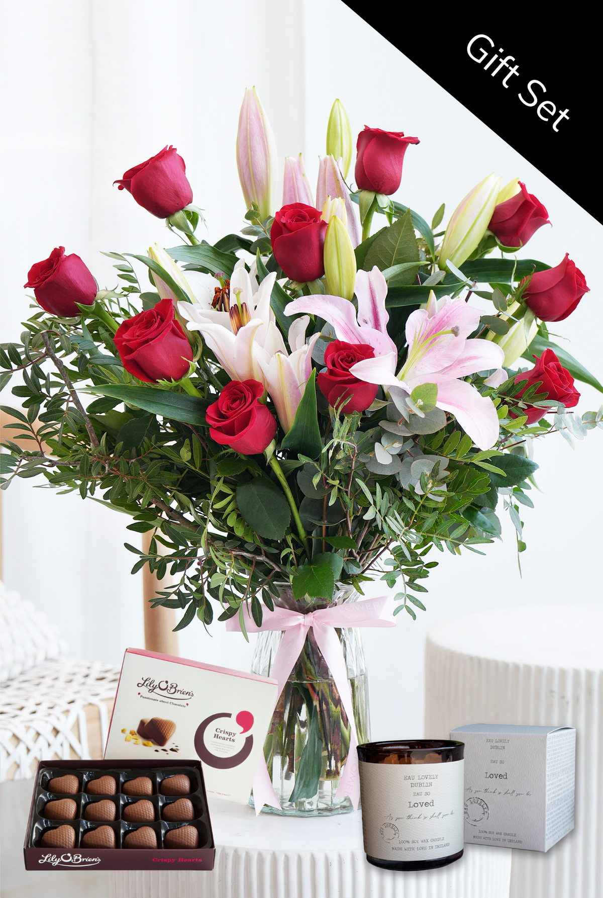 Valentine Romantic Red Roses and Pink Lily - Vase Gift Set