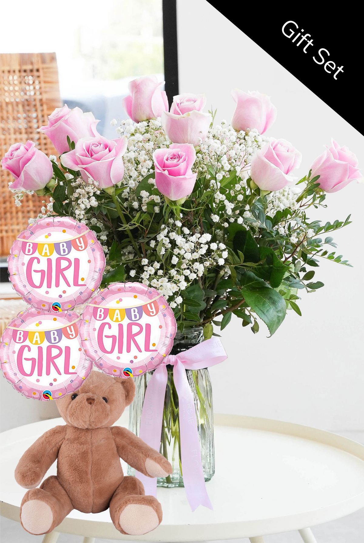 Baby Girl 12 Long Stem Pink Roses - Vase