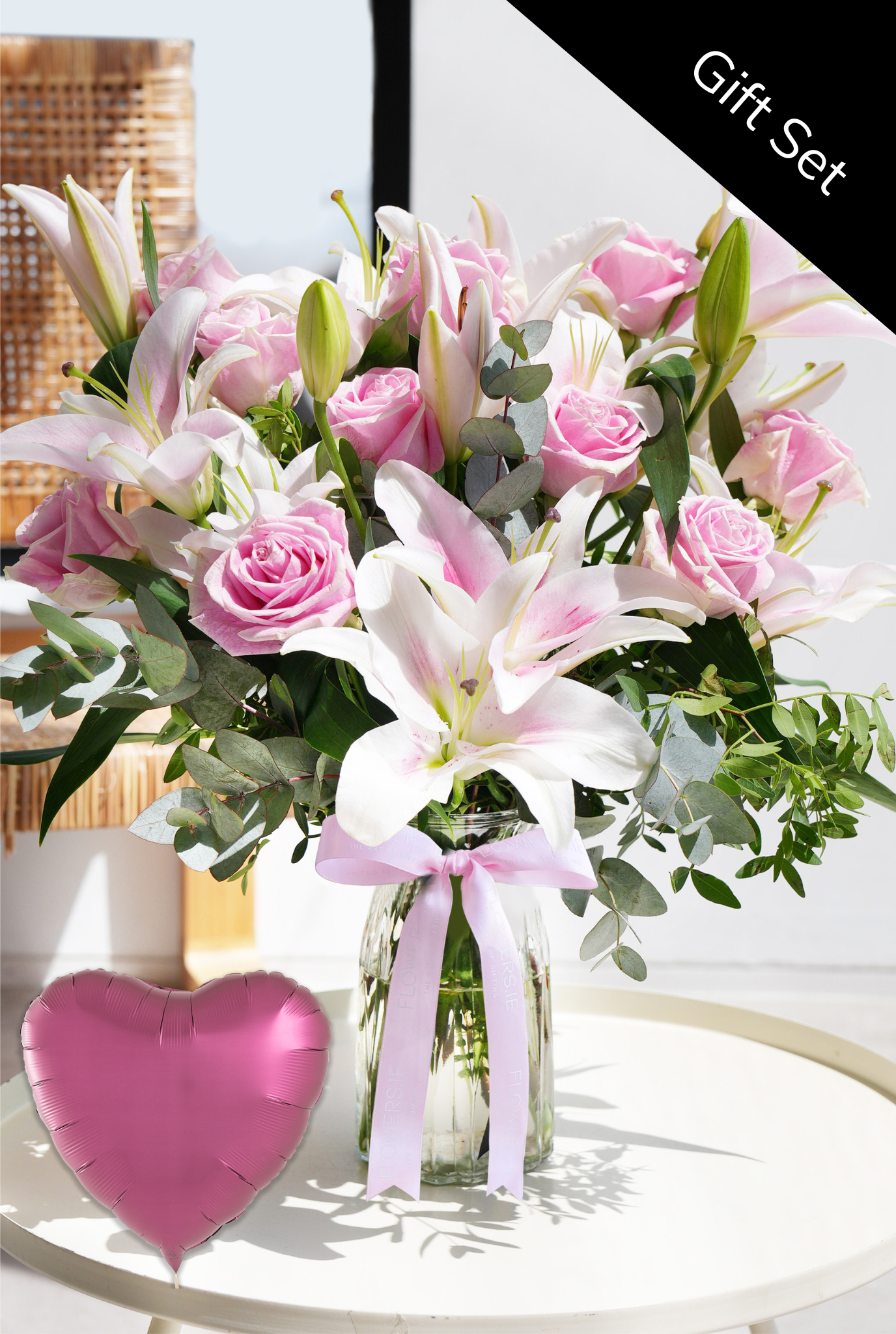 Pink Roses and Pink Lily Vase Flowers.ie