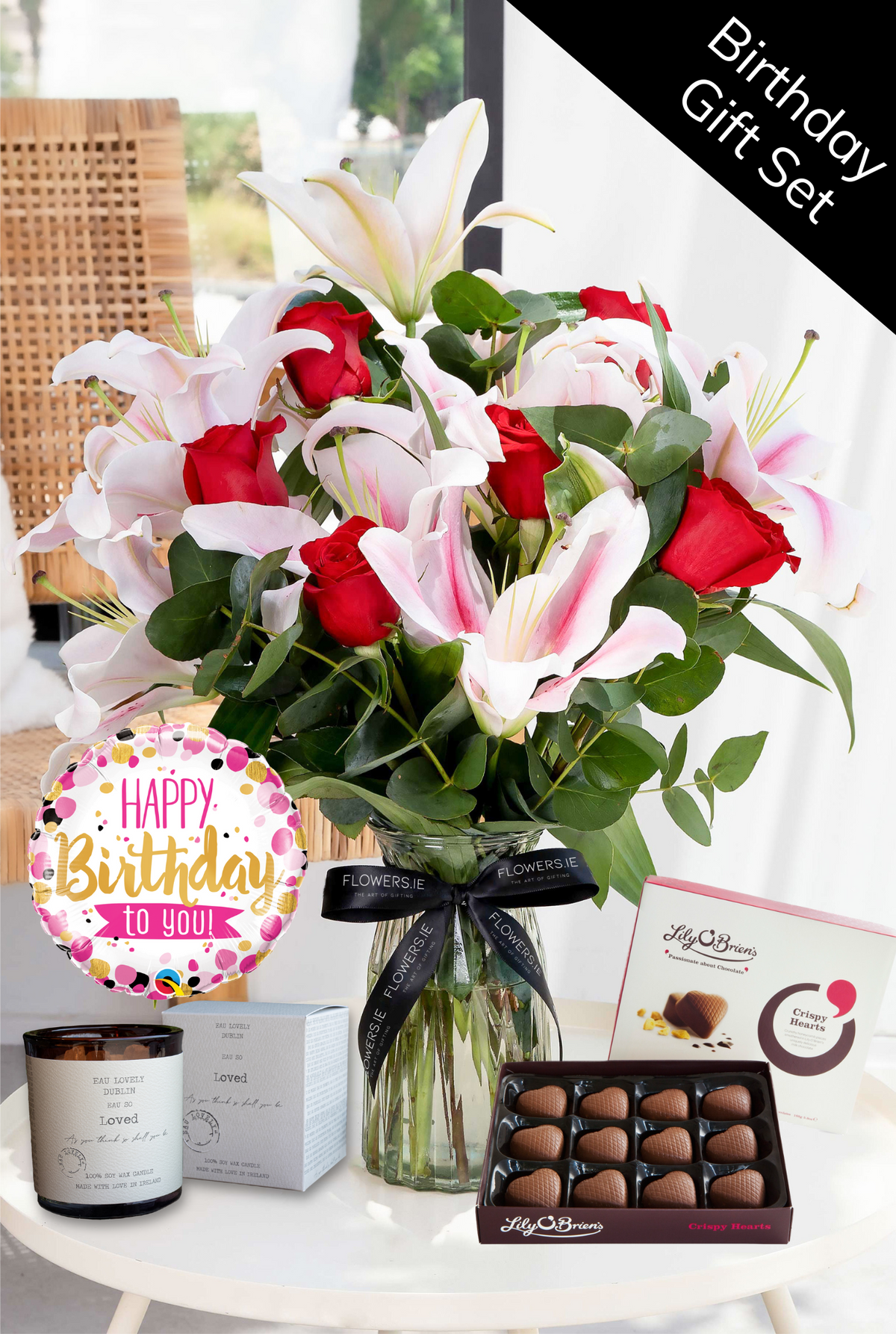Birthday Red Roses and Pink Lily - Vase Gift Set