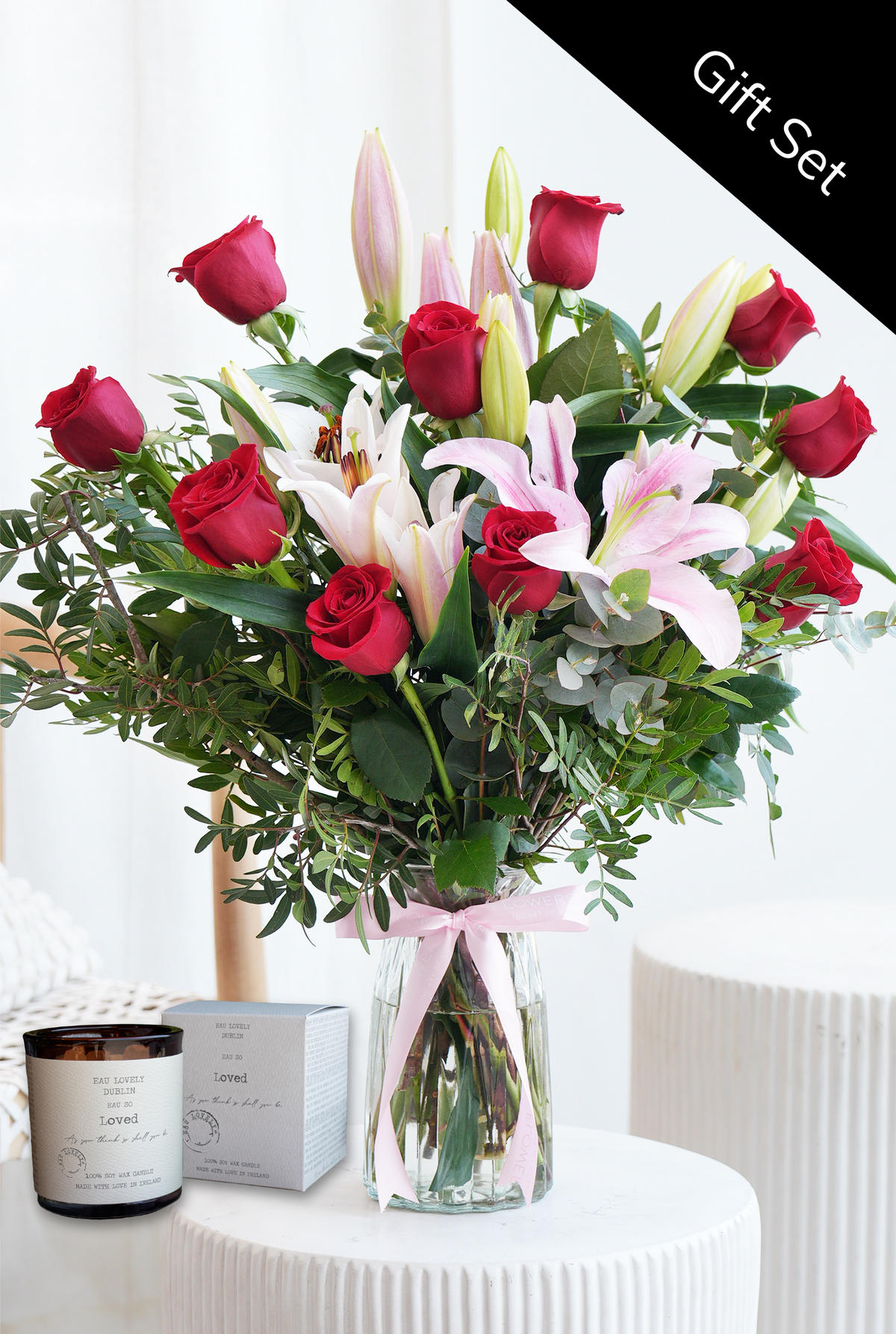 Valentine Romantic Red Roses and Pink Lily - Vase