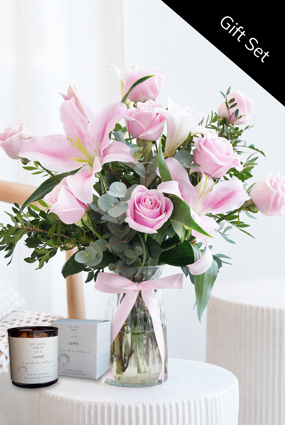 Valentine Romantic Pink Roses and Pink Lily - Vase