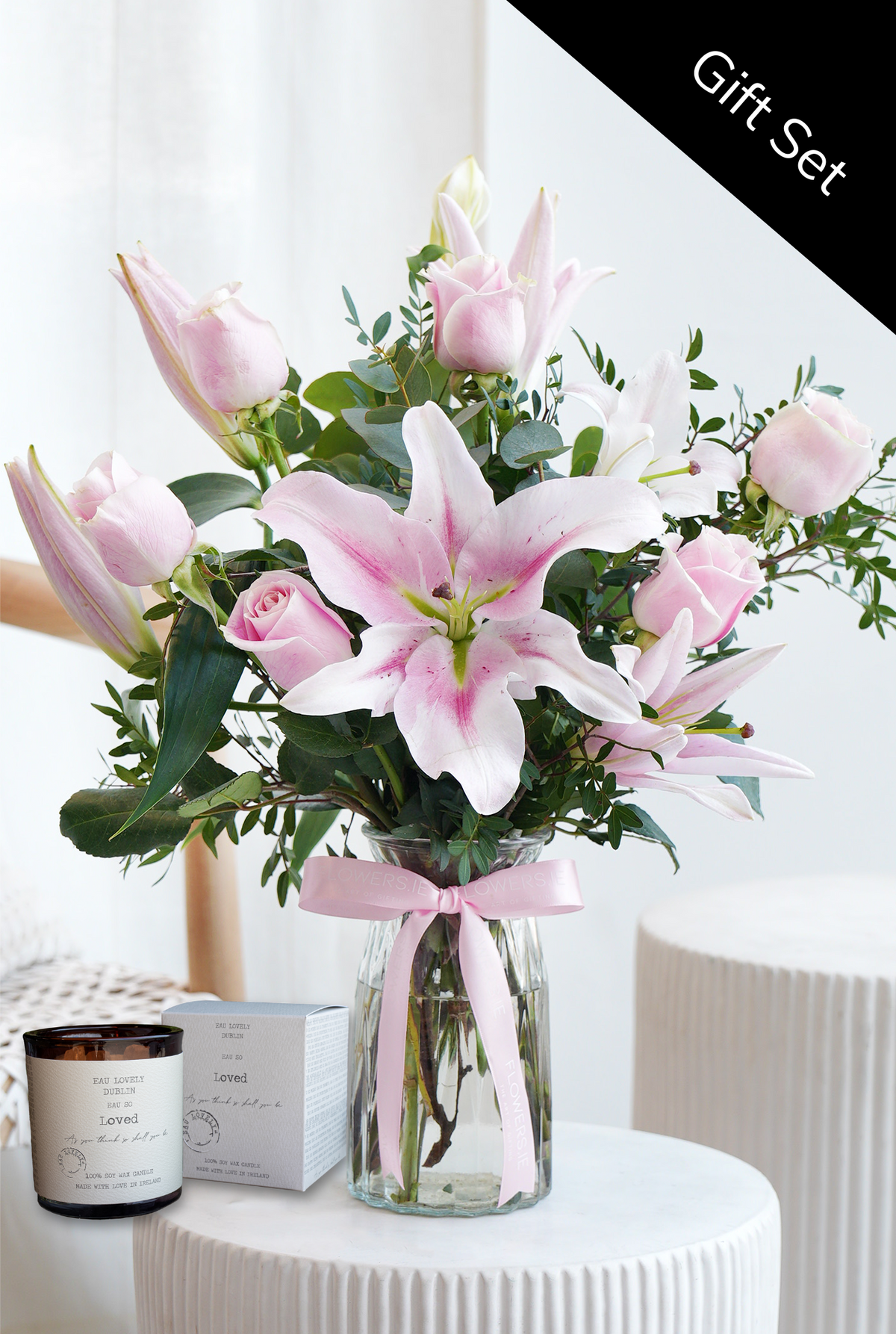 Valentine Romantic Pink Roses and Pink Lily - Vase