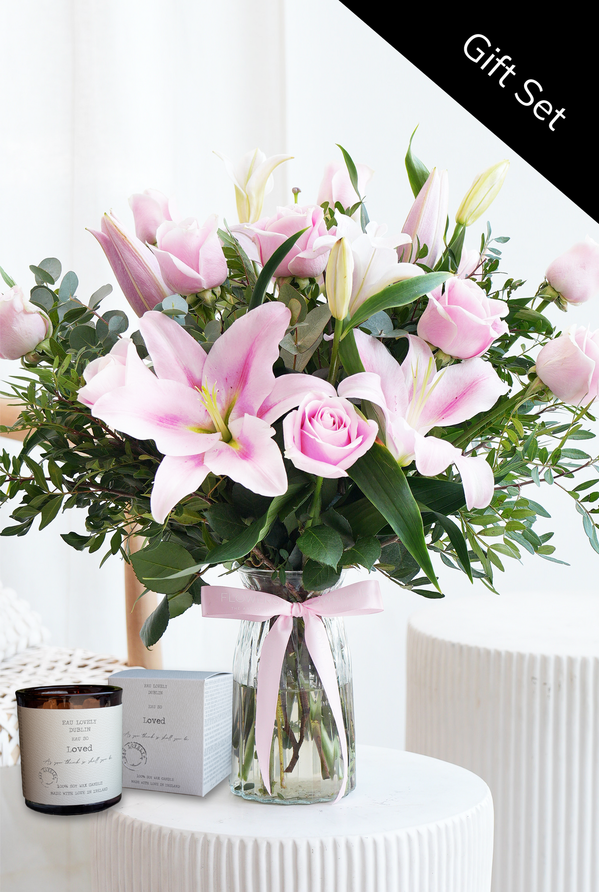 Valentine Romantic Pink Roses and Pink Lily - Vase