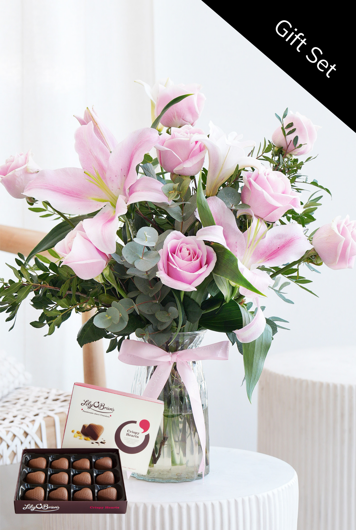 Valentine Romantic Pink Roses and Pink Lily - Vase