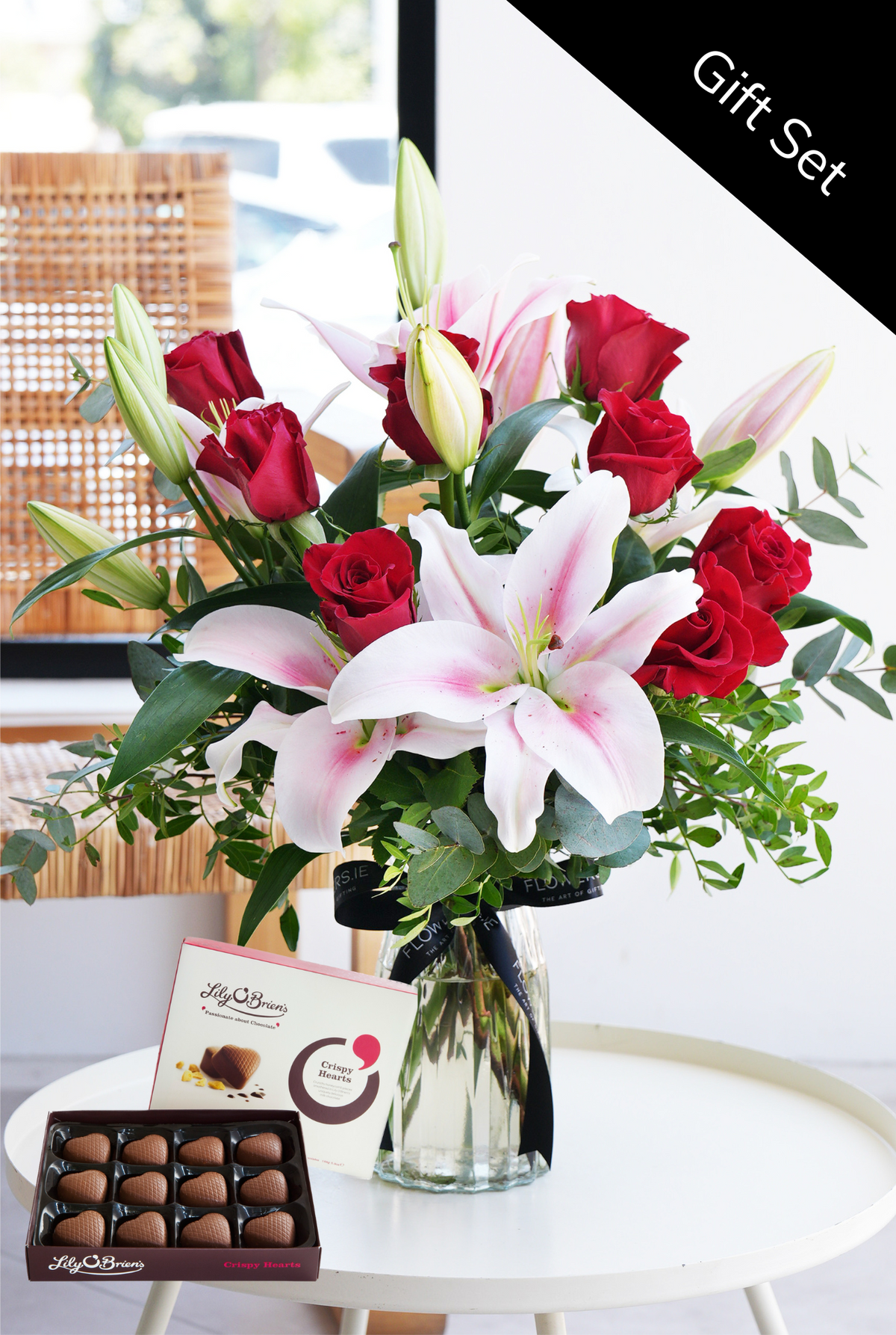 Christmas Red Roses and Pink Lily - Vase