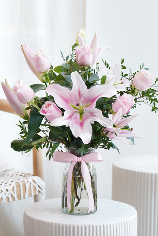 Valentine Romantic Pink Roses and Pink Lily - Vase