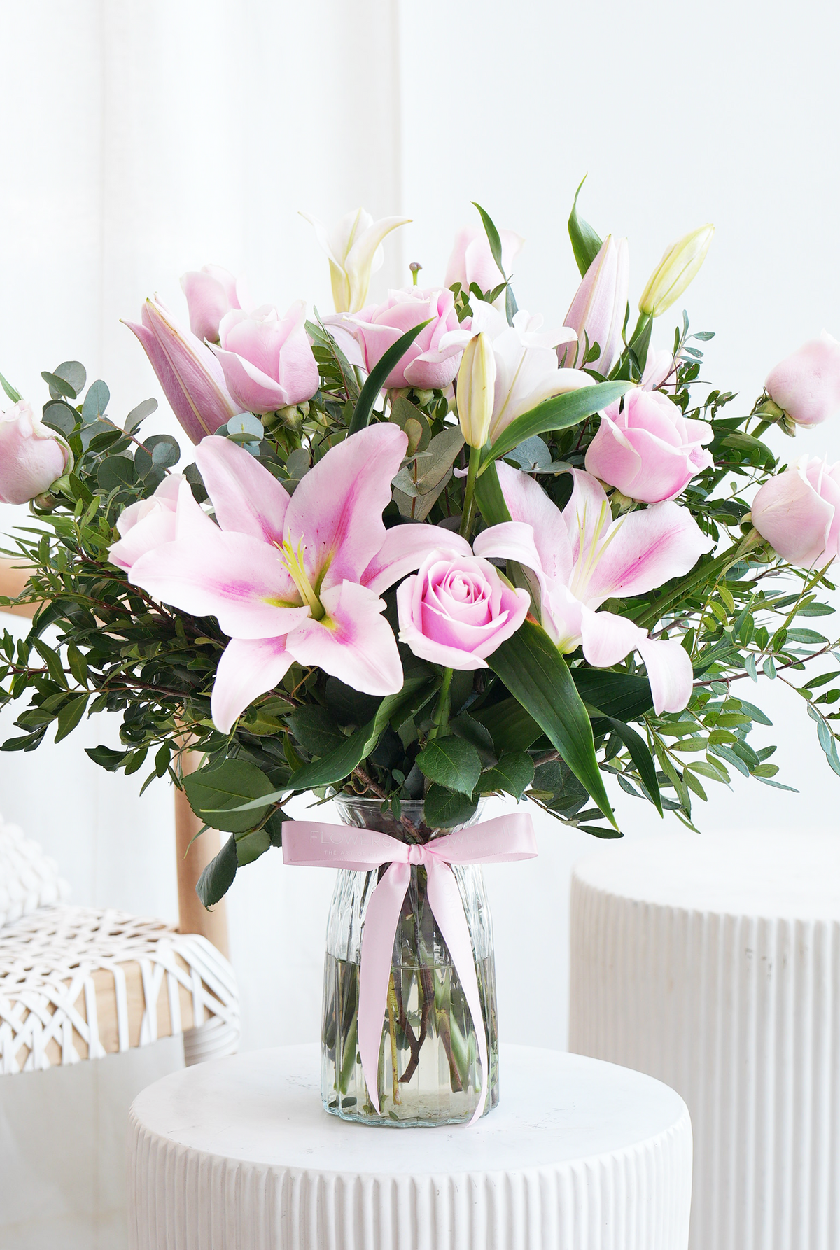 Valentine Romantic Pink Roses and Pink Lily - Vase