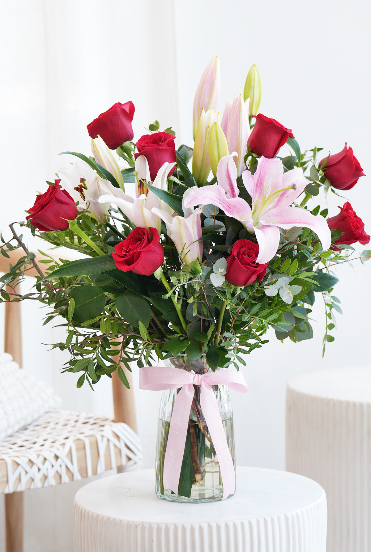 Valentine Romantic Red Roses and Pink Lily - Vase