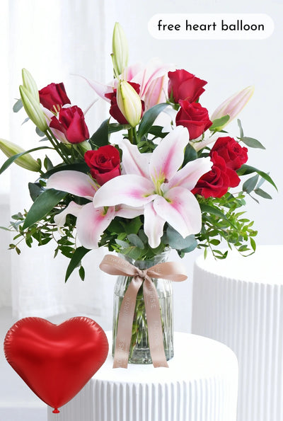 Red Roses and Pink Lily - Vase
