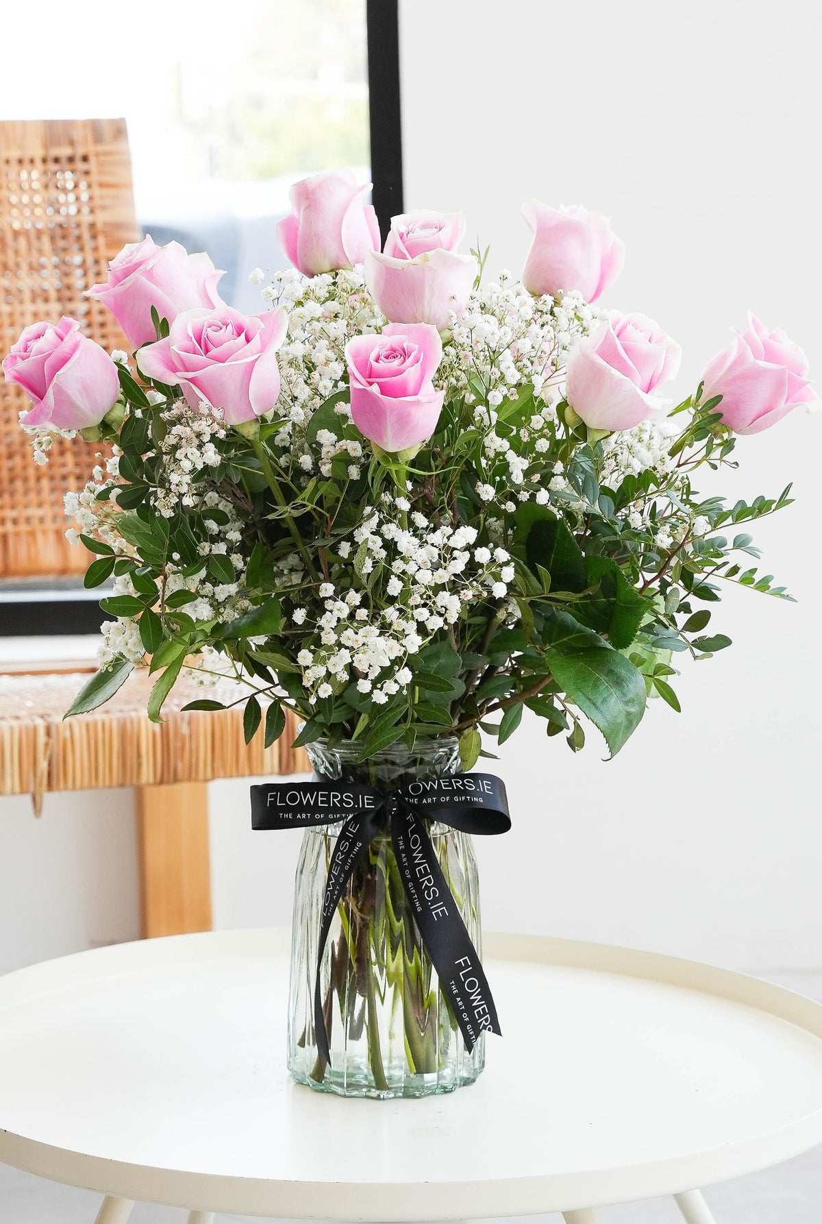 12 Long Stem Pink Roses - Vase