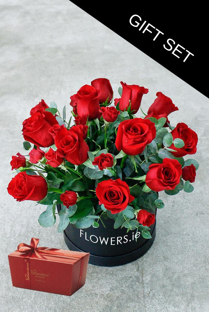 Dozen Red Deluxe Hatbox with Chocolates. Gift Set. Get fresh flowers from Flowers.IE. Same day flower delivery available.