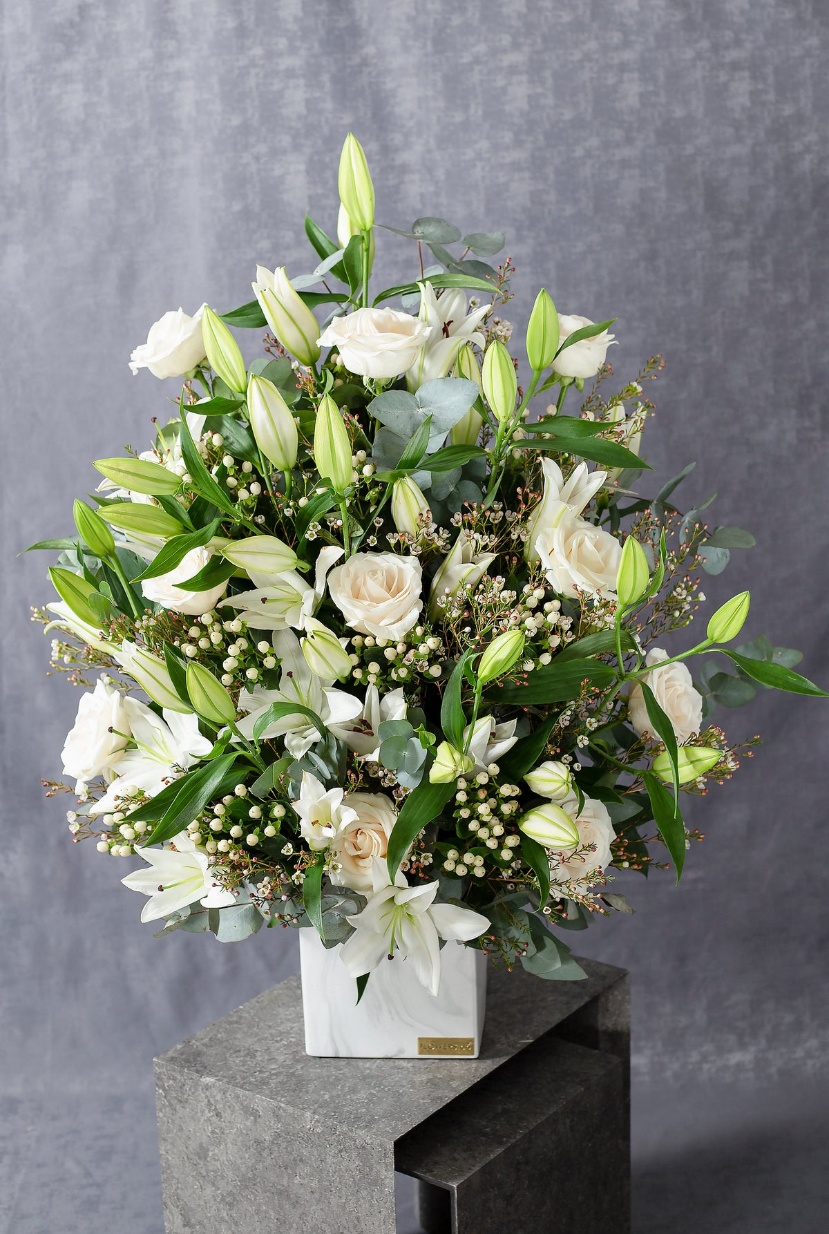 Mother's Day Wonderfully white in a Ceramic Vase with free upgrade to Large and Piper-Heidsieck Champagne