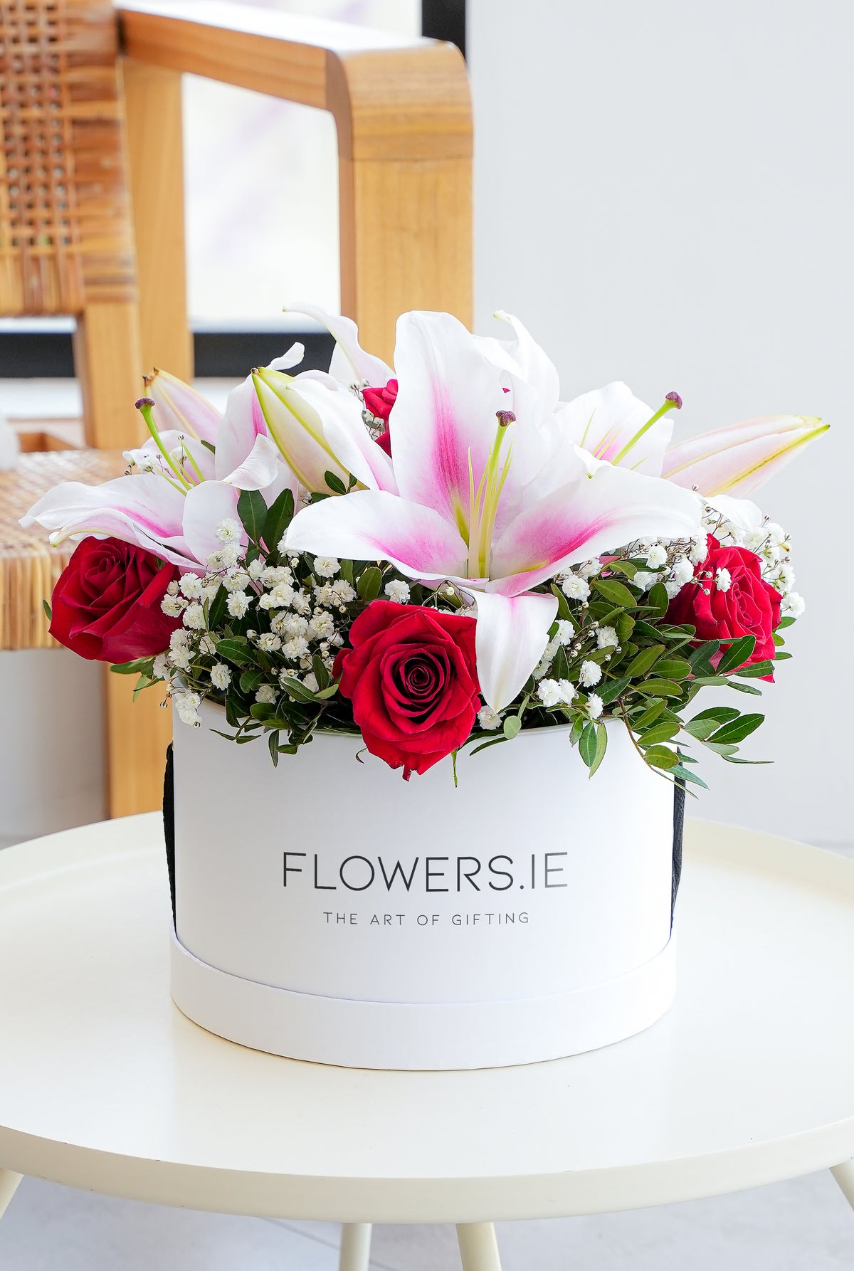 Red Roses and Pink Lily Hatbox