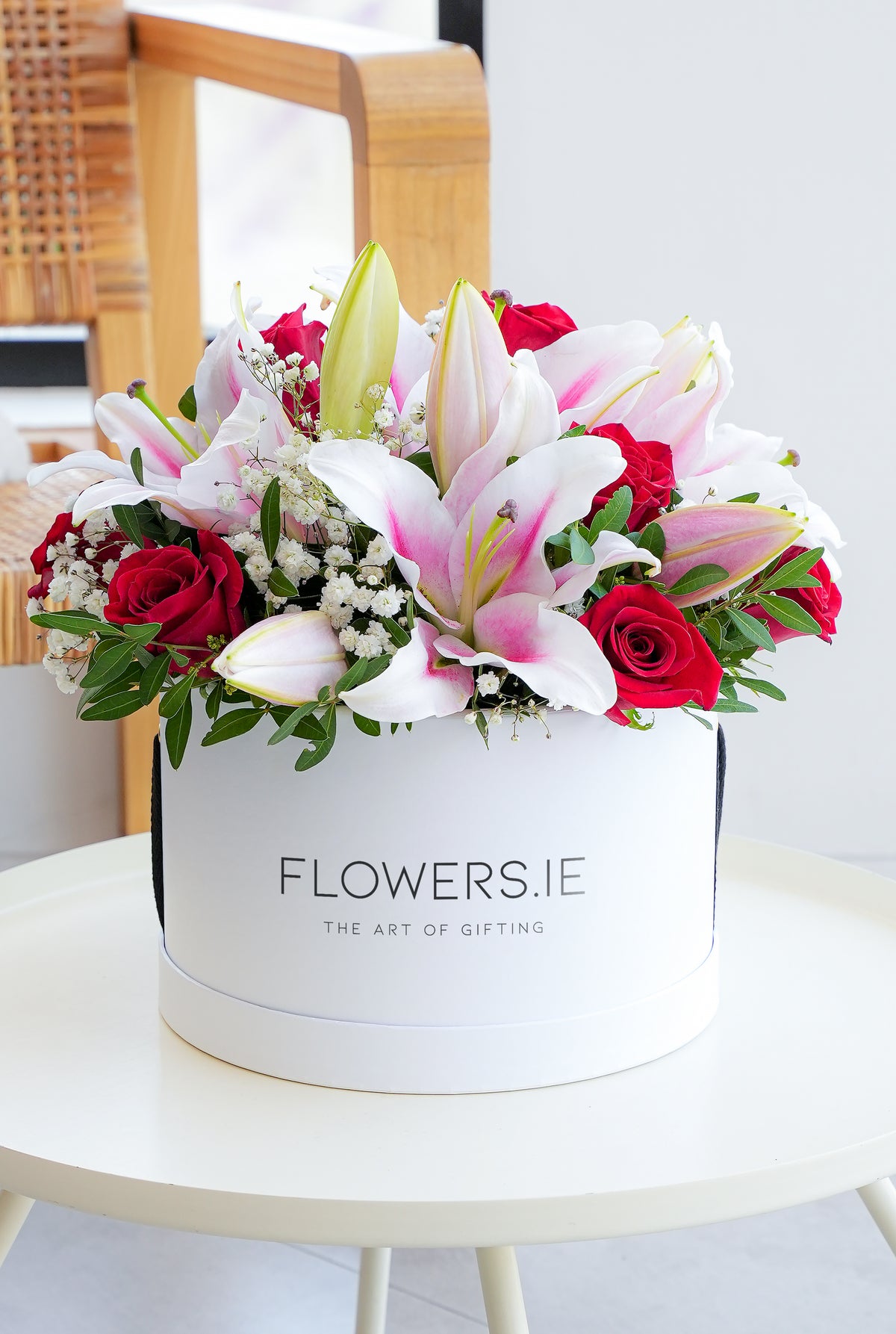 Red Roses and Pink Lily Hatbox
