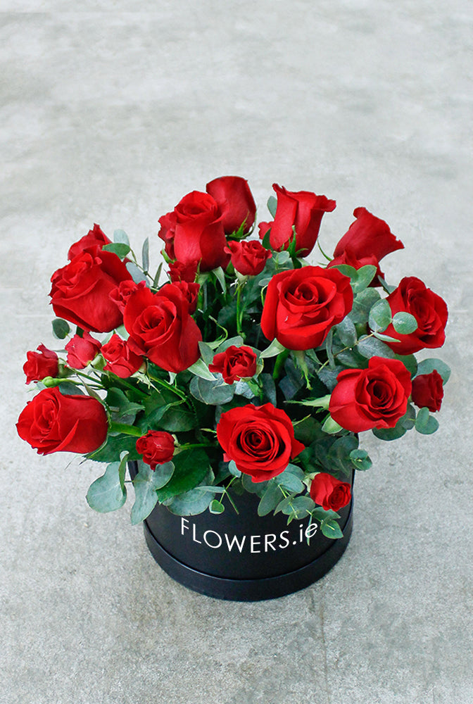 Dozen Red Deluxe Hatbox with Chocolates. Large-headed and spray red roses with greeneries. Send fresh flowers with Flowers.IE. Same day flower delivery available.